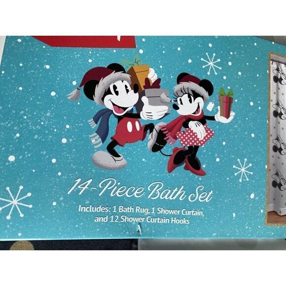DISNEY MICKEY MINNIE MOUSE CHRISTMAS Holiday Shower Curtain Bath Mat Set 14 Pc - Picture 4 of 9